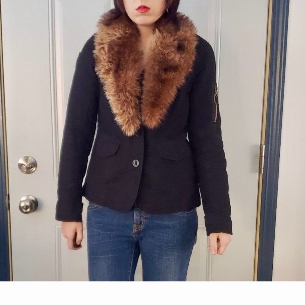 Ruff Hewn Pea Coat Blazer - Brown Faux Fur Collar